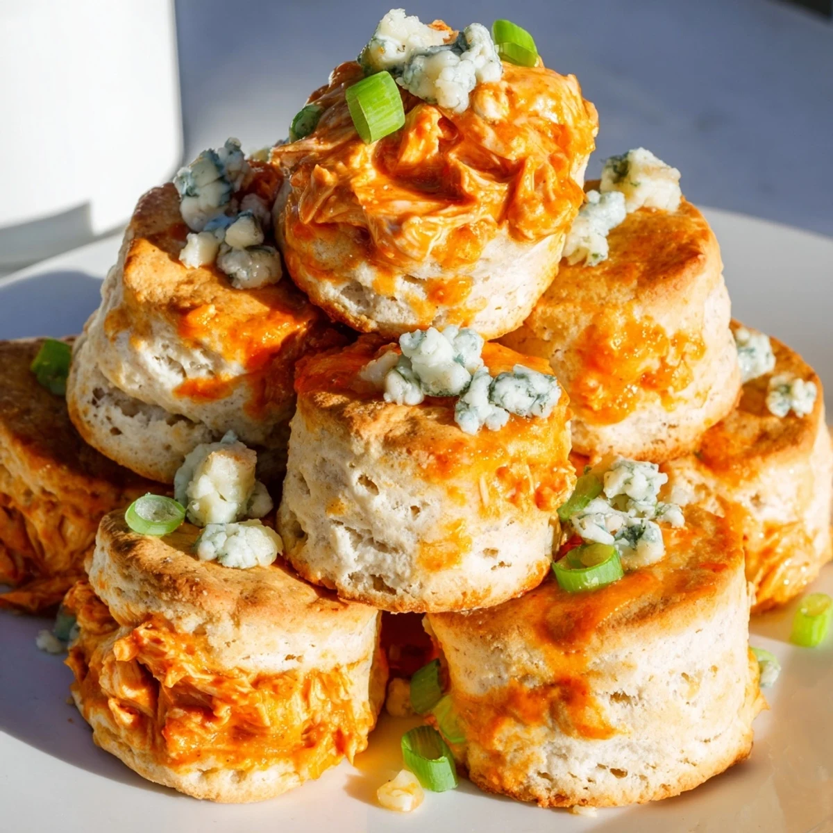 Golden-brown Buffalo Chicken Soda Biscuits bursting with spicy flavor and creamy goodness.  