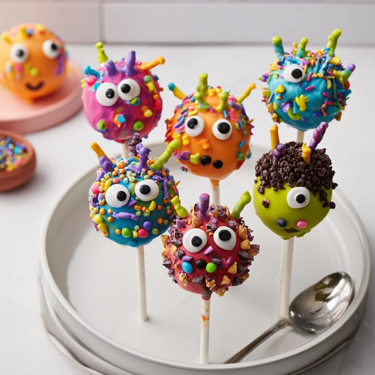 Whimsical Silly Monster Cake Pops adorned with candy eyes—ideal for festive celebrations.  
