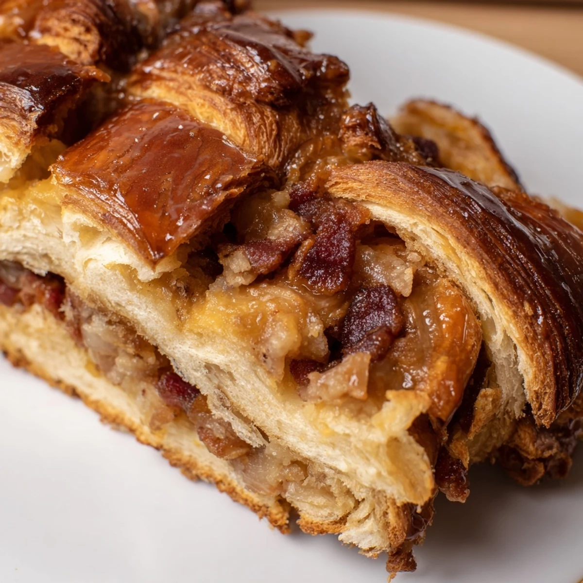 Warm and custardy maple bacon croissant loaf, a must-try for brunch lovers.