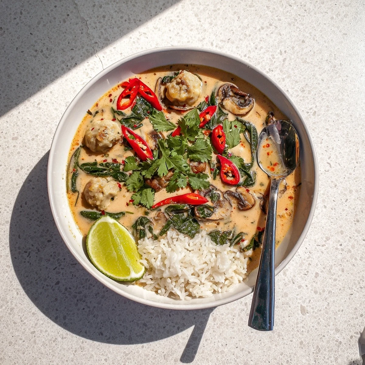 Delicious Thai Coconut Meatball Soup Bowls served with fresh cilantro and lime wedges.