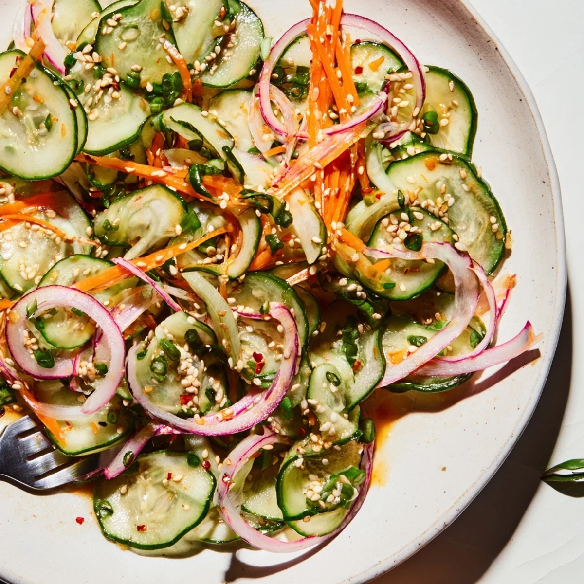 Refreshing cucumber salad remix drizzled with sesame oil and garnished with seeds.  