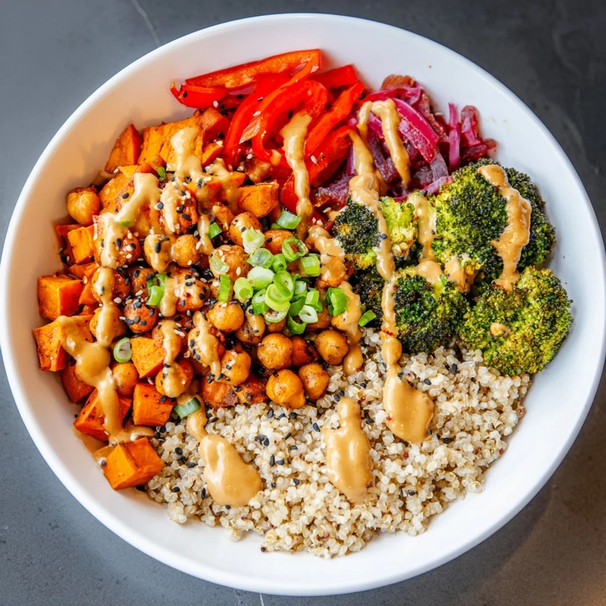 Vibrant Bold Sauce Drizzle Bowls topped with roasted veggies and flavorful sauces.  