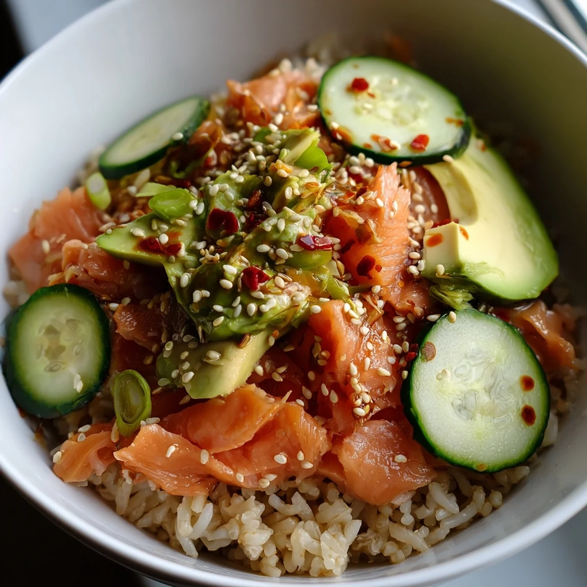 Colorful leftover salmon and rice bowl drizzled with soy sauce and sesame oil.  