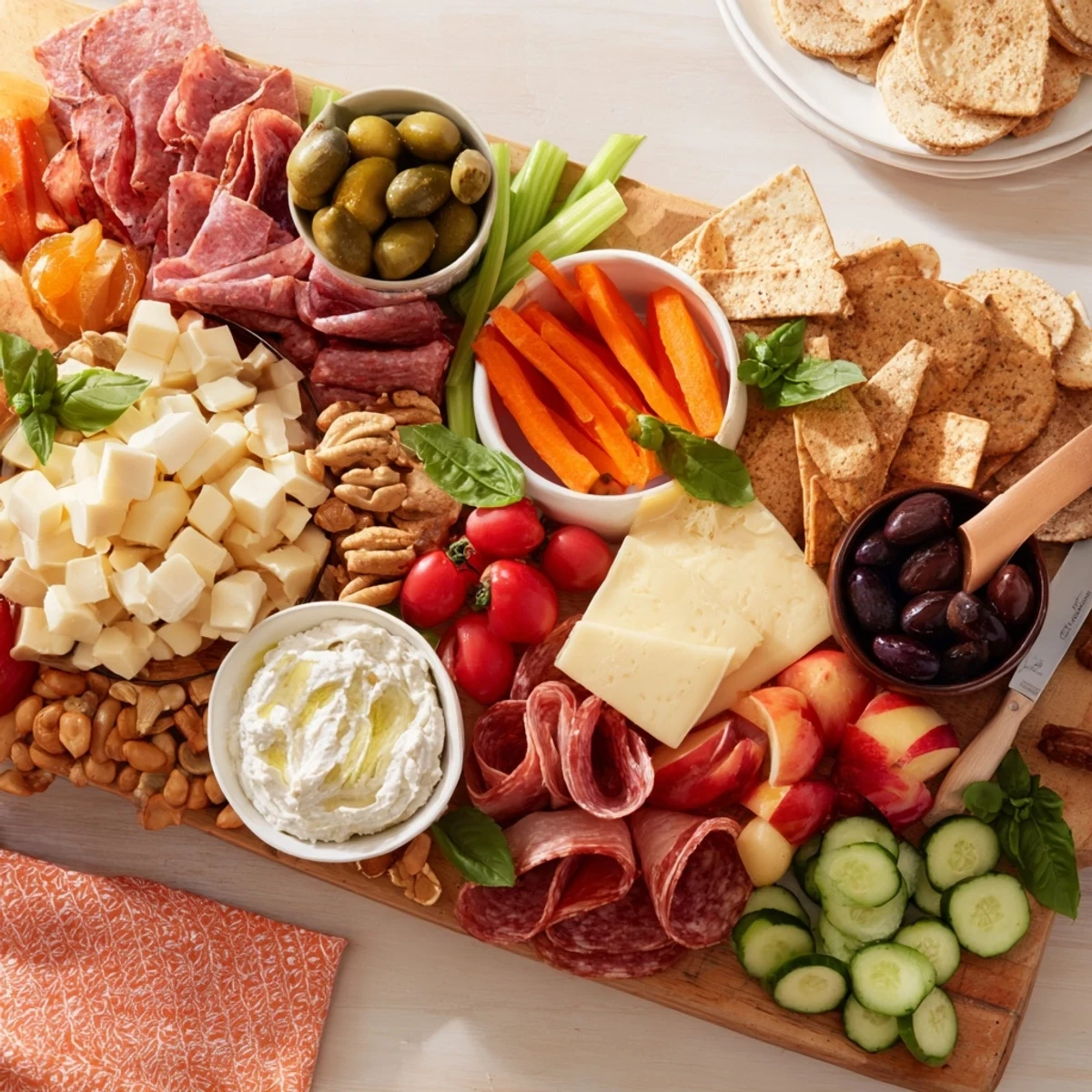 A vibrant girl dinner platter filled with cheeses, fruits, and colorful dips.  