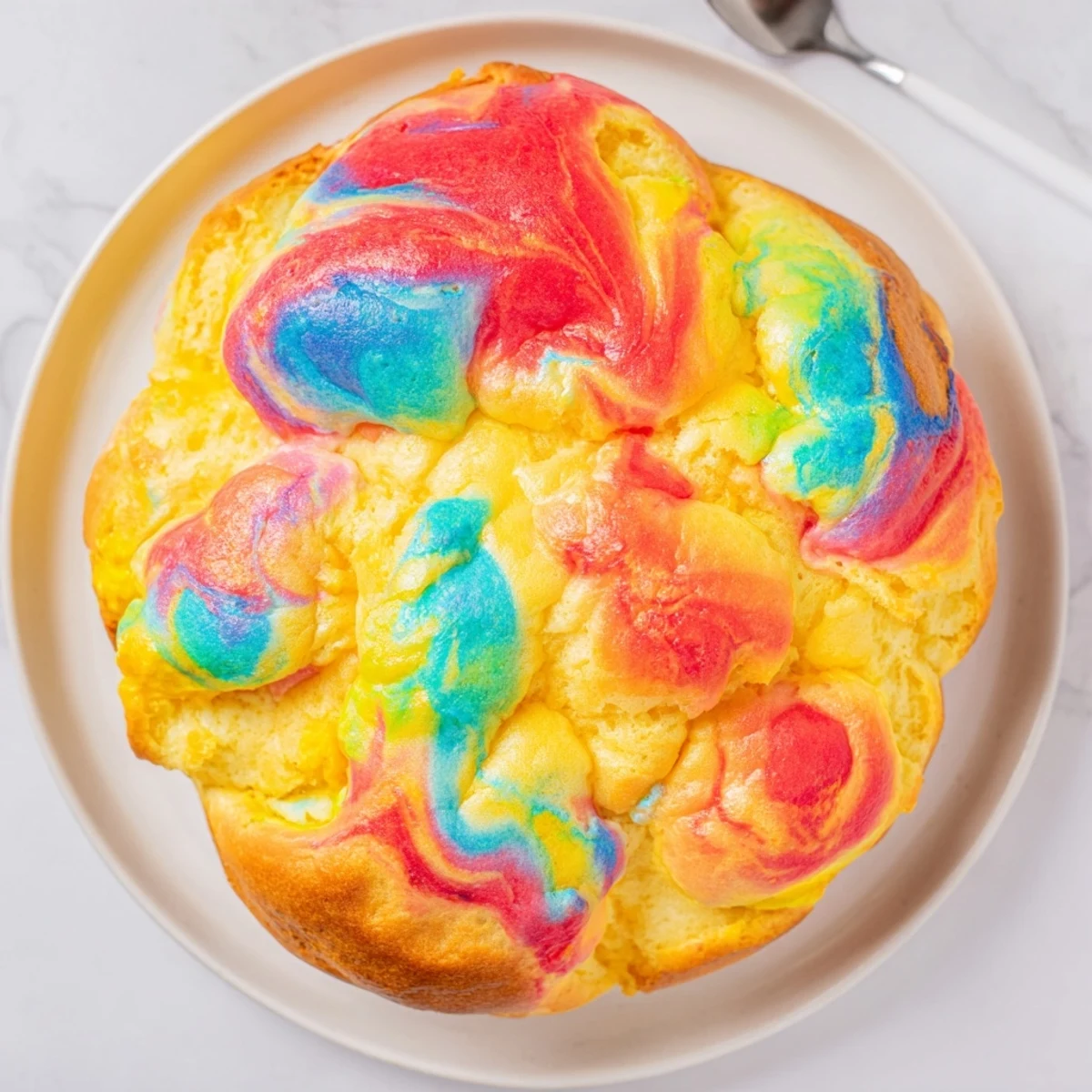 Deliciously swirled Cloud Bread Rainbow Version, ready to impress at your next brunch gathering.