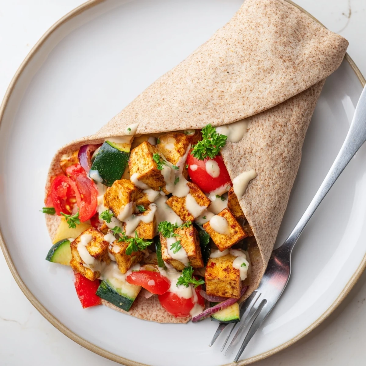 Vibrant vegan viral recipe remake featuring roasted tofu and fresh vegetables in wraps.  