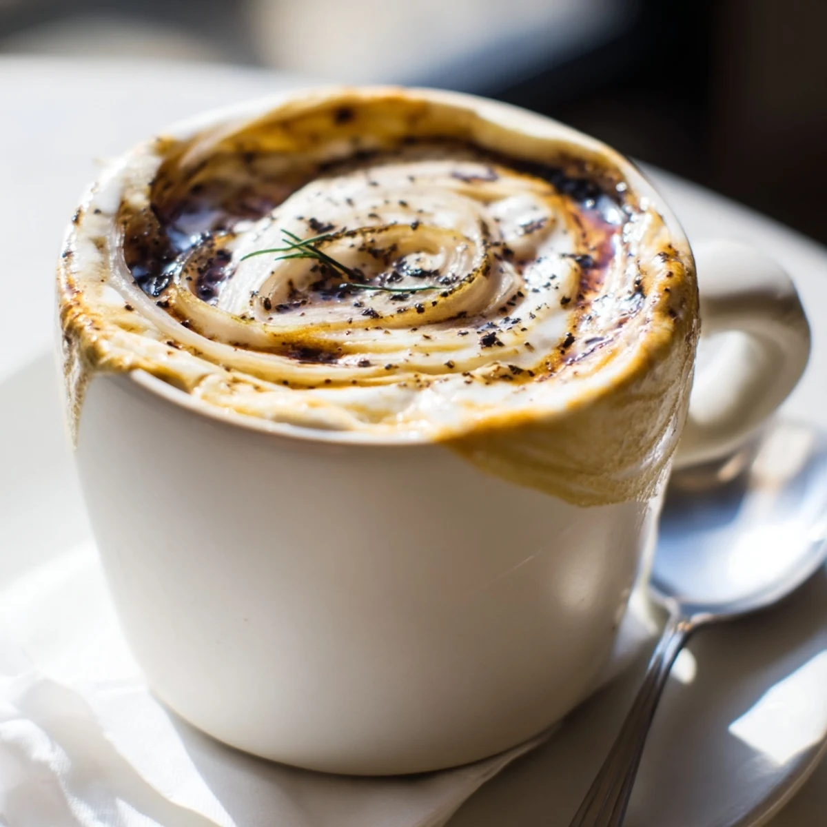 Savory Onion Latte showcasing golden caramelized onions blended with rich espresso flavor.