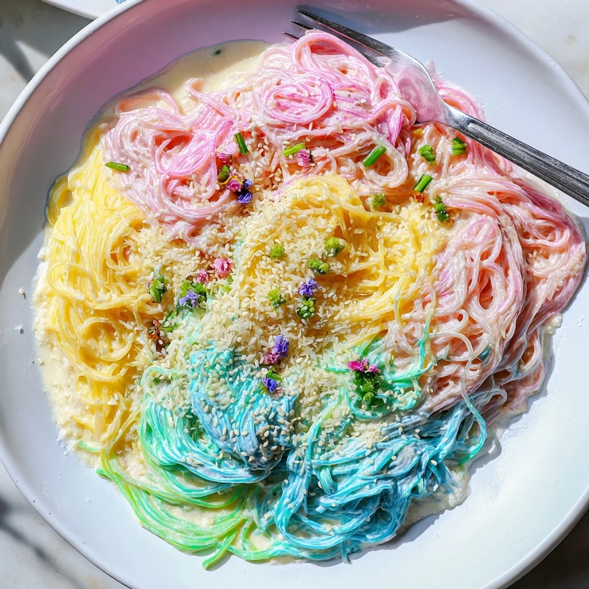 Colorful noodles swirled in a dreamy cloud sauce, kids will love this recipe!  