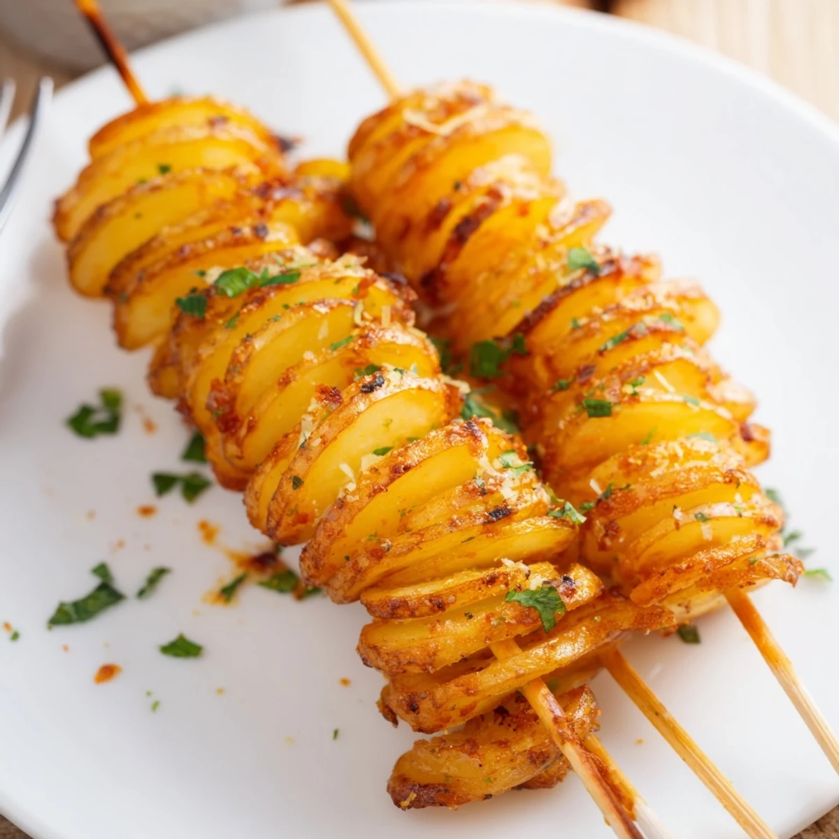 Crispy air-fryer tornado potatoes on skewers, perfect for fun snacking and sharing.  