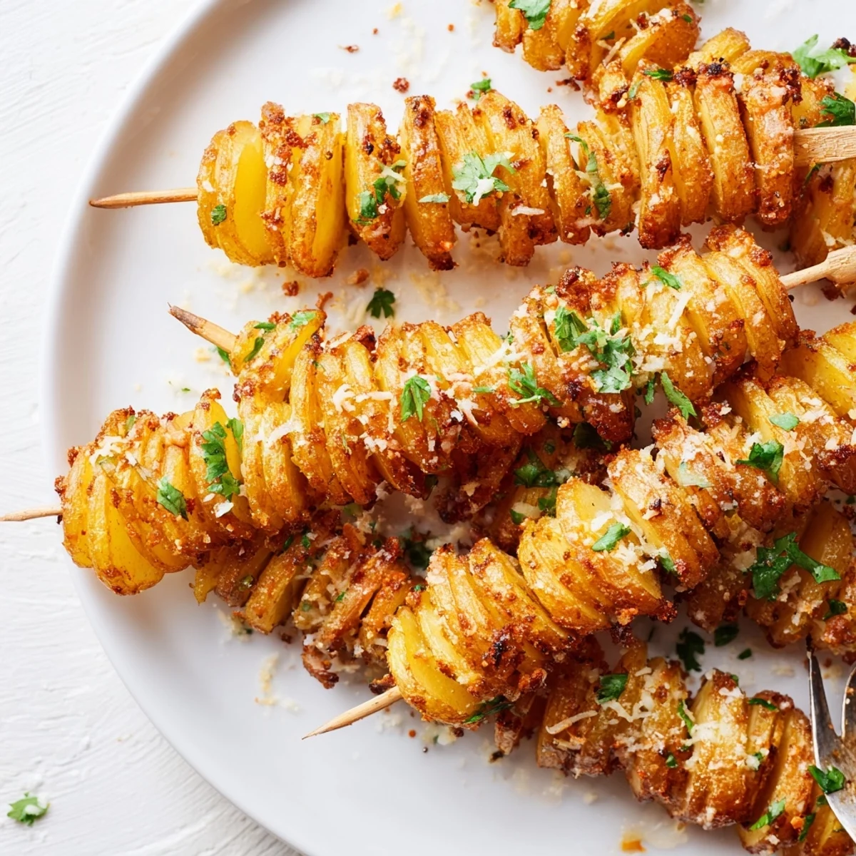 Air-fried tornado potatoes topped with Parmesan, garnished with parsley for added flavor.