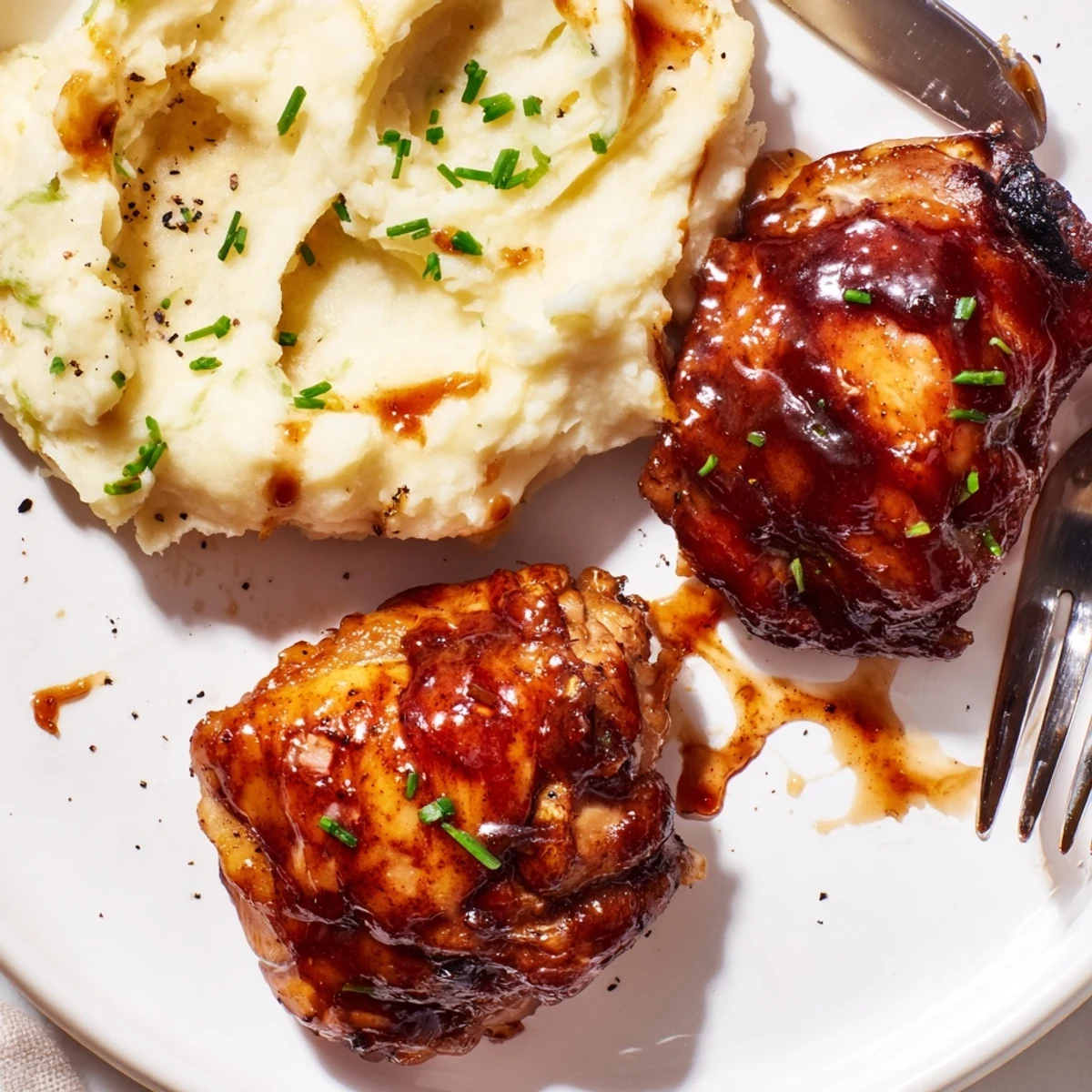 Succulent honey BBQ chicken thighs glistening with sauce and served with creamy mashed potatoes.  