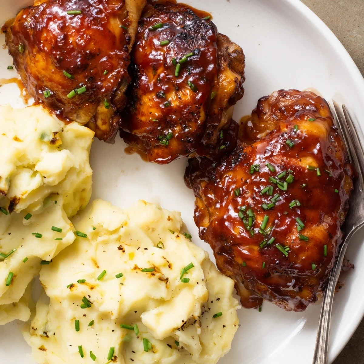 Oven-baked honey BBQ chicken thighs paired with buttery garlic mashed potatoes for comfort.  