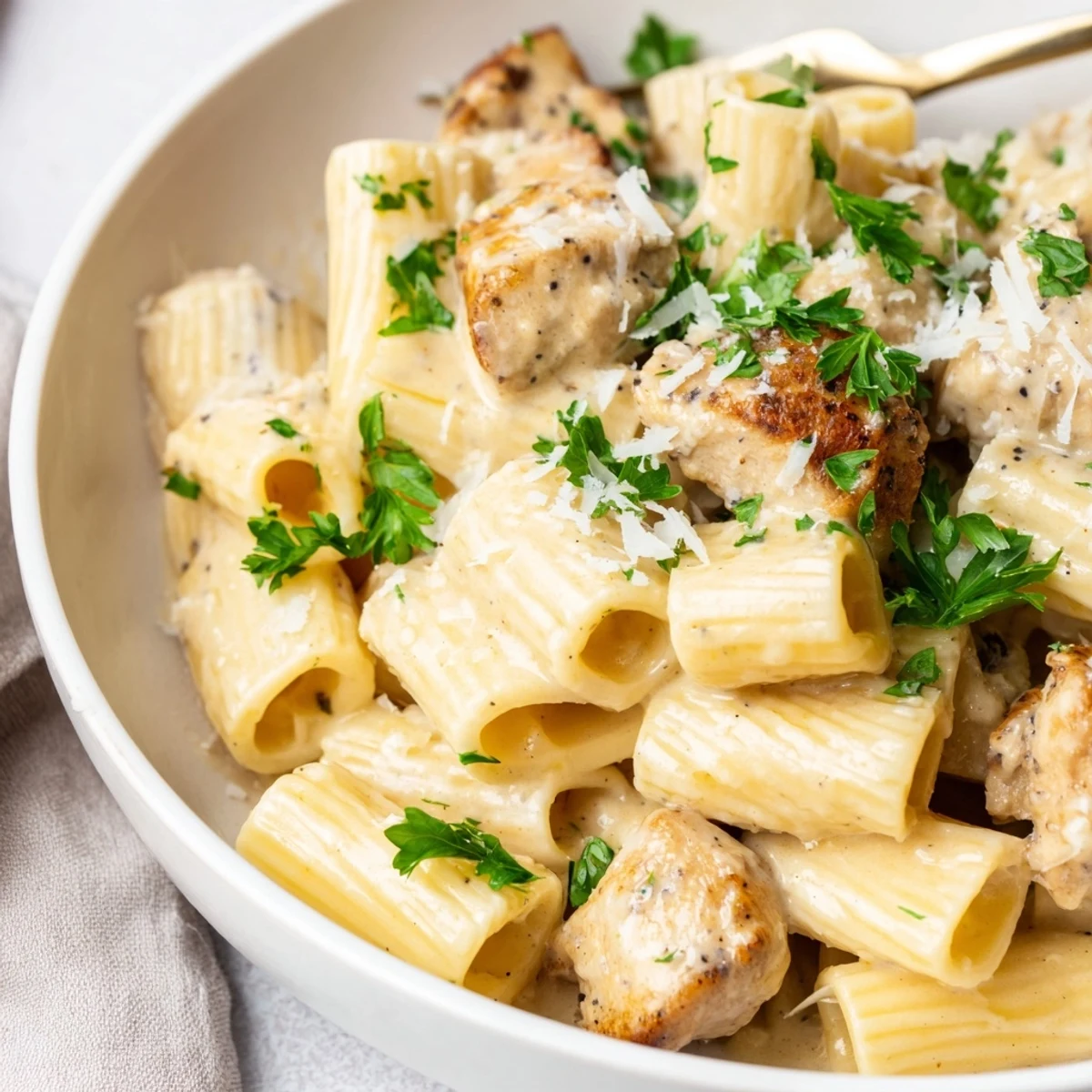 Creamy Garlic Parmesan Chicken Rigatoni topped with fresh parsley and grated cheese.  