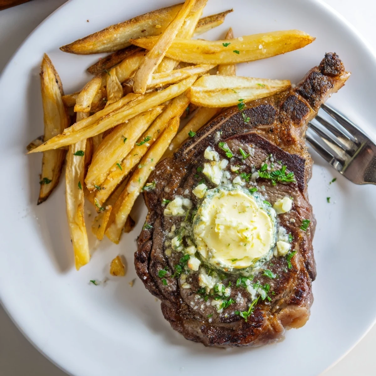 A mouthwatering Steakhouse Garlic Butter Steak served with crispy golden fries.  