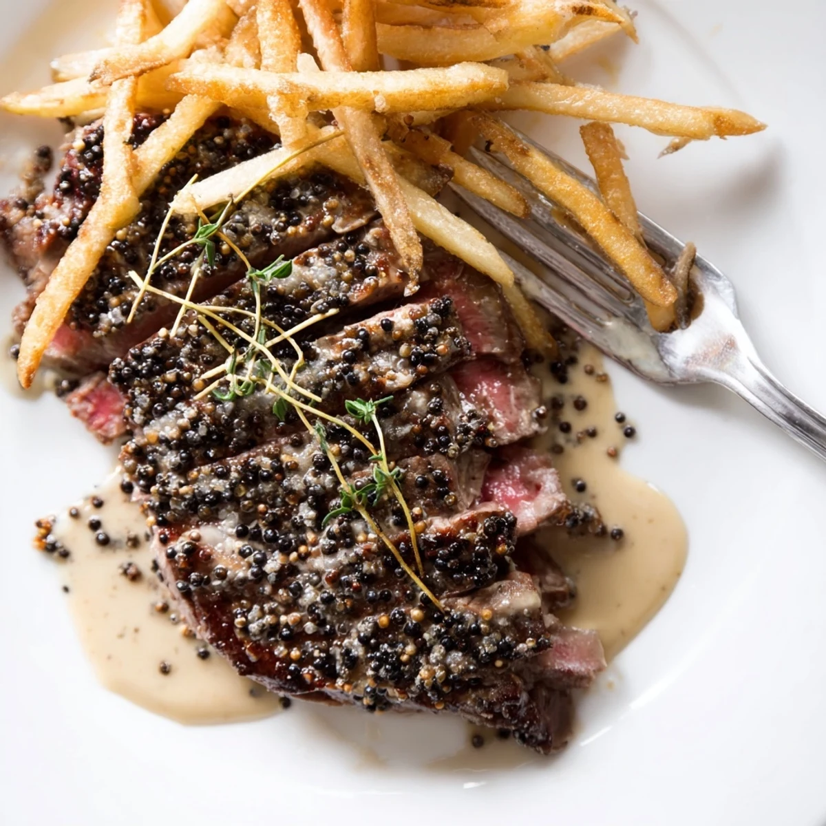 Sizzling Classic Peppercorn Ribeye served with golden, crunchy fries on a plate.  