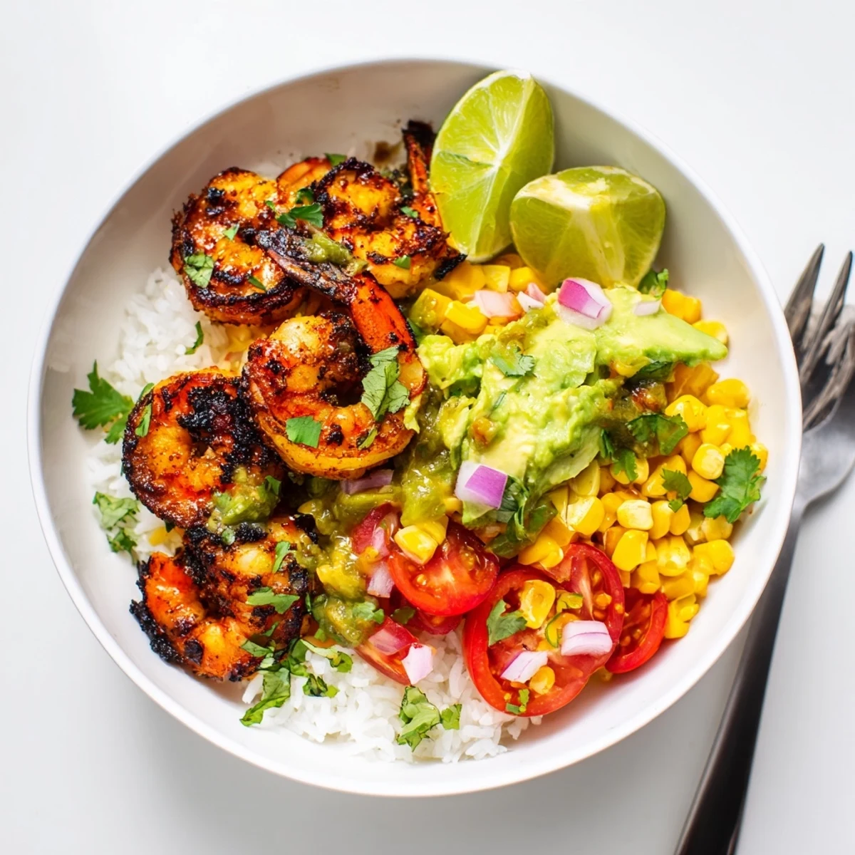Delicious blackened shrimp and avocado corn salsa served over warm rice bowls.