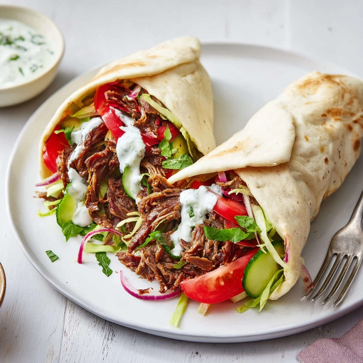 Tender beef shawarma wraps with creamy yogurt sauce and fresh vegetables.  