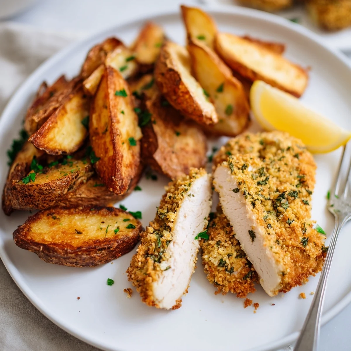 Juicy herbed chicken tenders with crispy potato wedges, perfect for family dinner.  