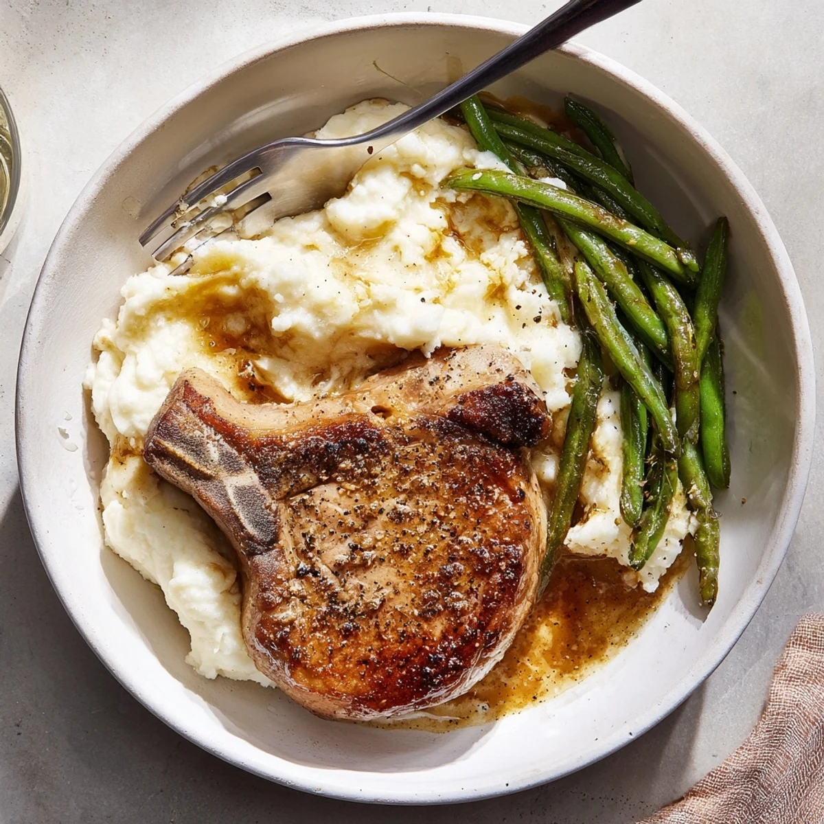 Juicy pork chops resting on creamy cheddar mashed potatoes with savory gravy drizzle.  