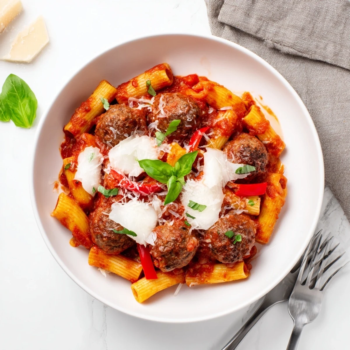 Hearty Italian Meatball Pasta Skillet bubbling with melted cheese and rich tomato sauce.  