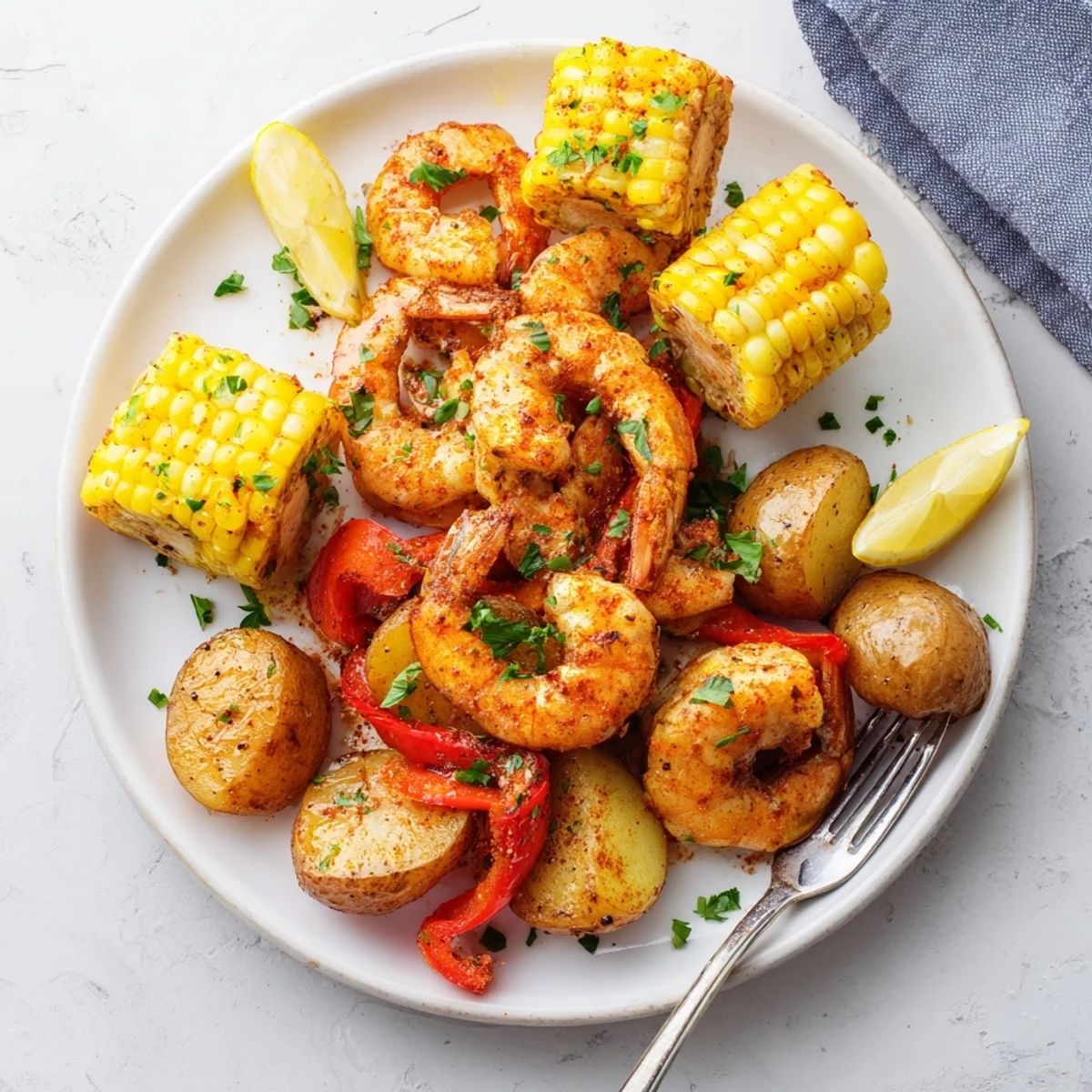 Vibrant Cajun shrimp & sweet corn platter served with roasted potatoes and lemon wedges.  