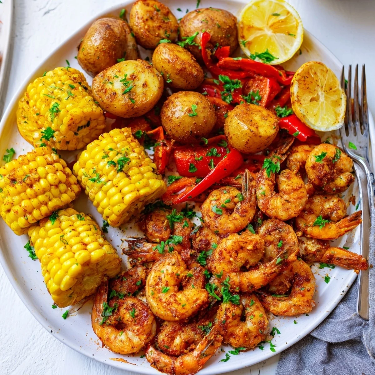 Colorful Cajun shrimp and sweet corn dish, perfect for summer gatherings and barbecues.  