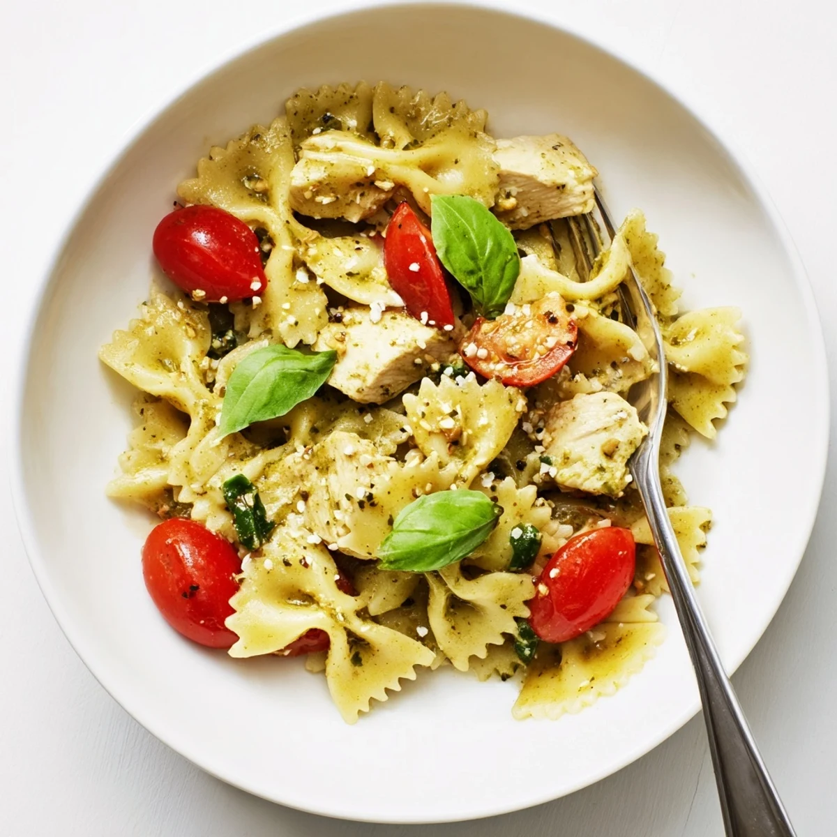 Vibrant pesto chicken bowtie pasta topped with creamy sauce and fresh basil.  