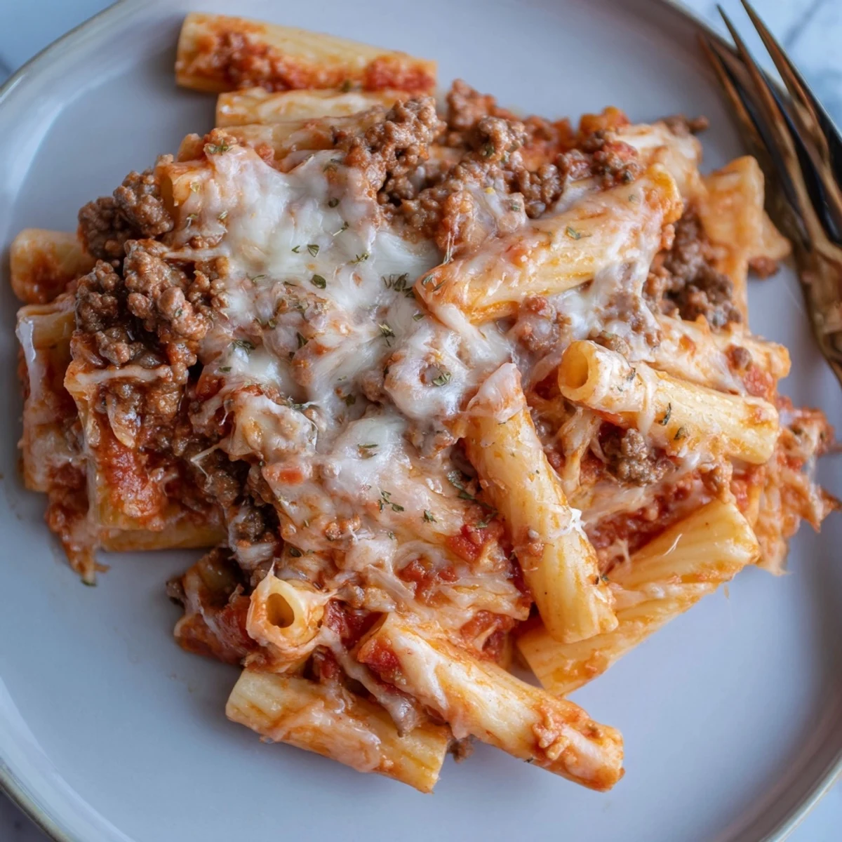 Creamy Cheesy Beef & Penne Bake, golden cheese melting over hearty pasta and beef.  