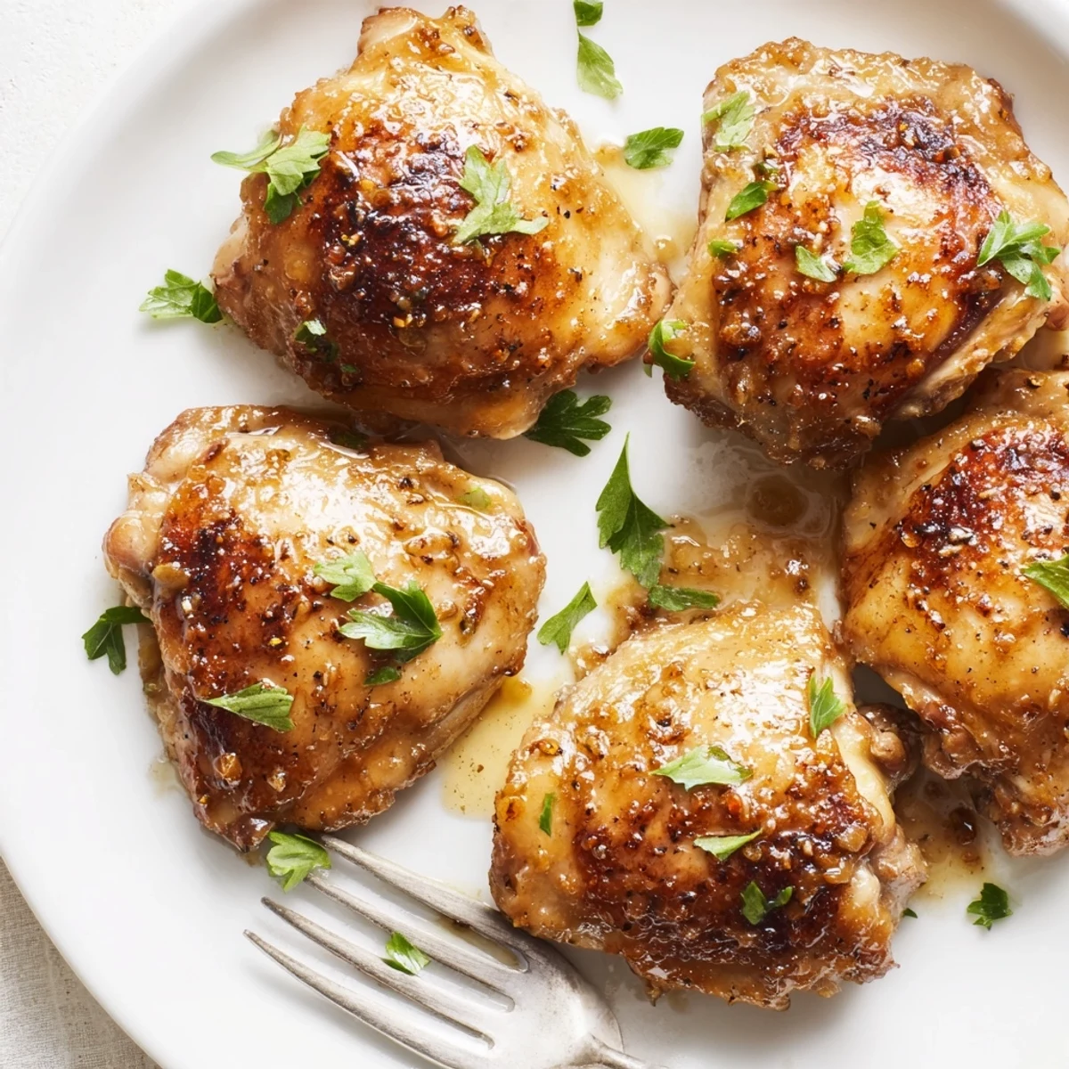 Juicy honey mustard glazed chicken thighs roasted to a perfect golden brown.