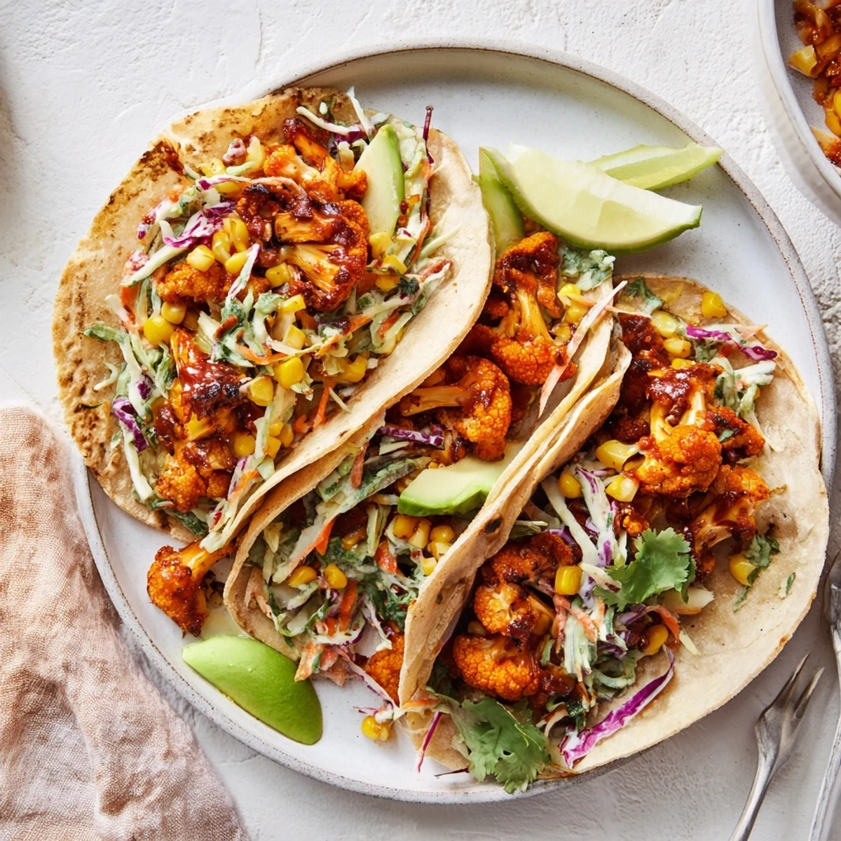 Smoky BBQ cauliflower tacos with sweet corn, vibrant slaw, and creamy avocado.  