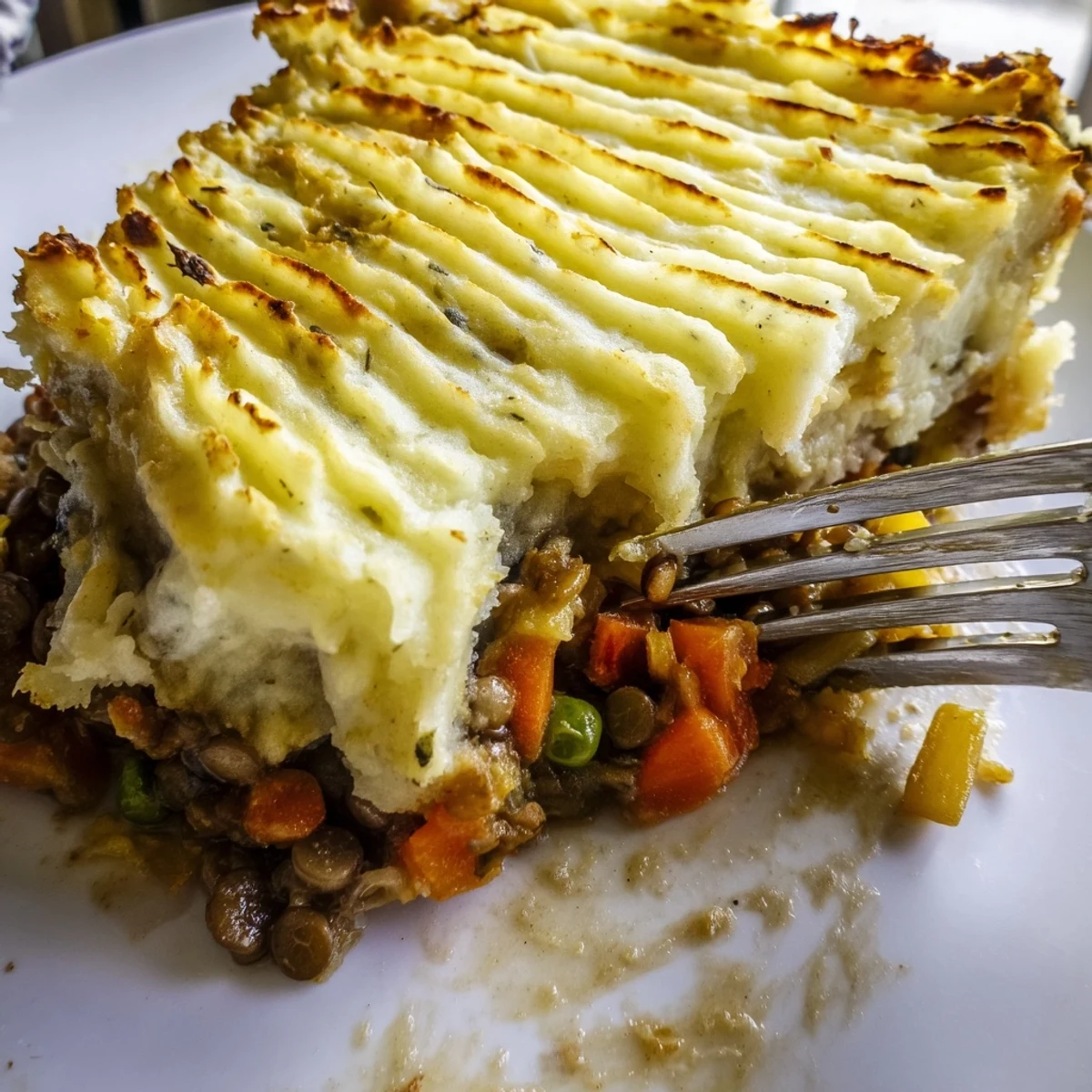 Warm and comforting Lentil & Veggie Shepherd's Pie topped with golden, fluffy mashed potatoes.