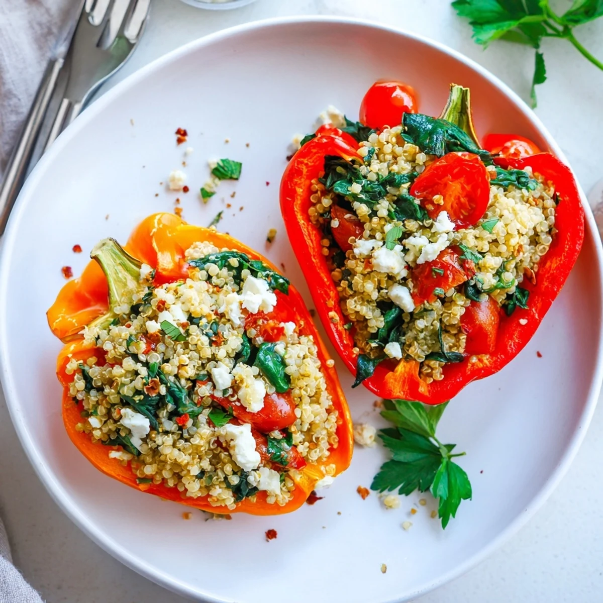 Fragrant roasted garlic and herb quinoa stuffed peppers, a vibrant vegetarian dish.