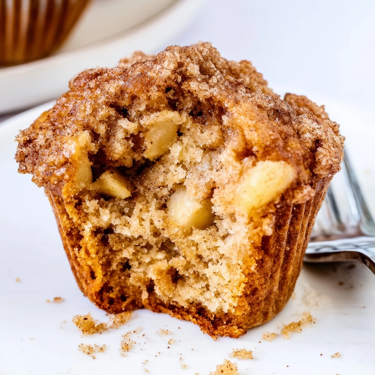 Moist cinnamon spiced apple muffins fresh from the oven, perfect for breakfast delights.  
