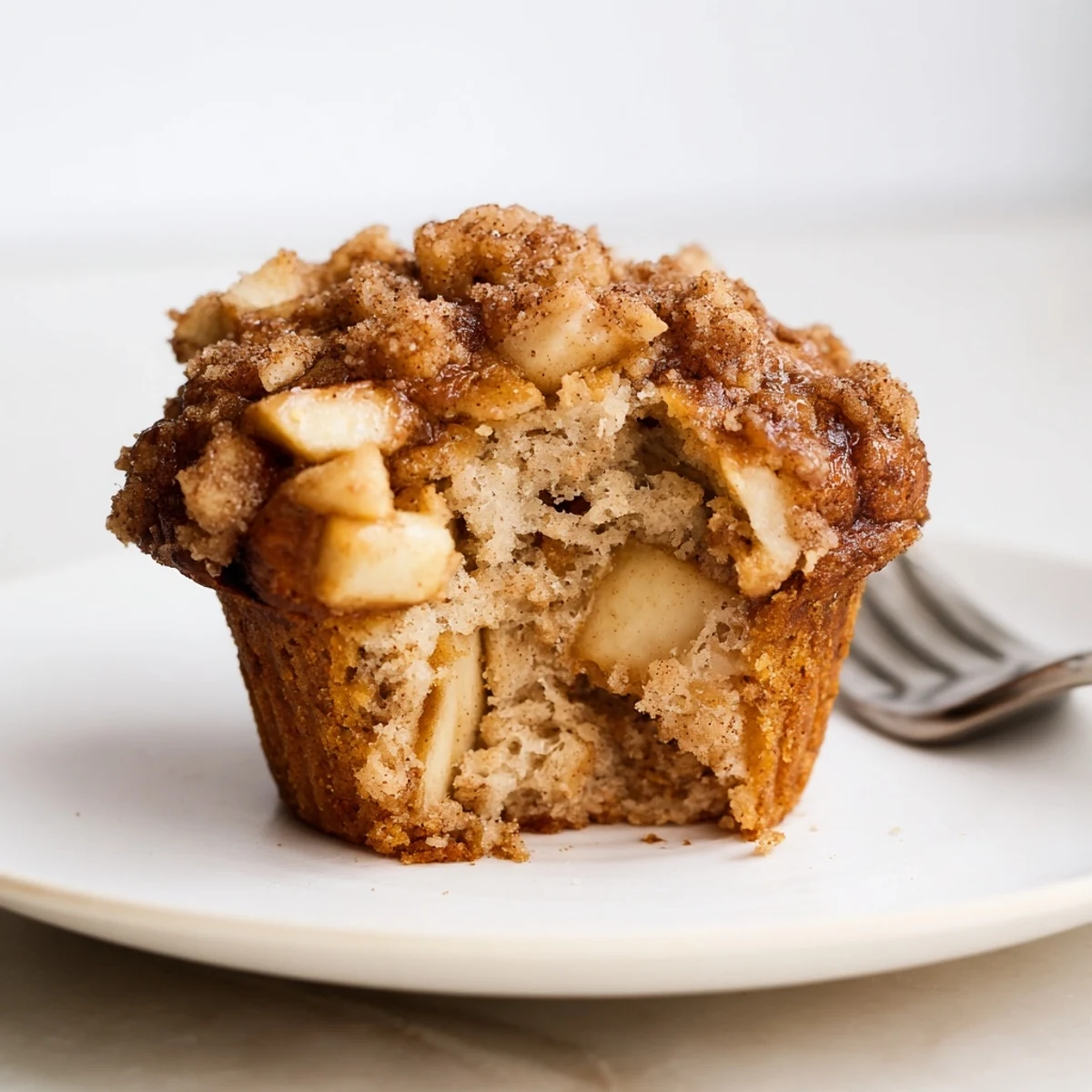 Tender apple muffins with a caramelized cinnamon topping, ideal for a cozy snack.  