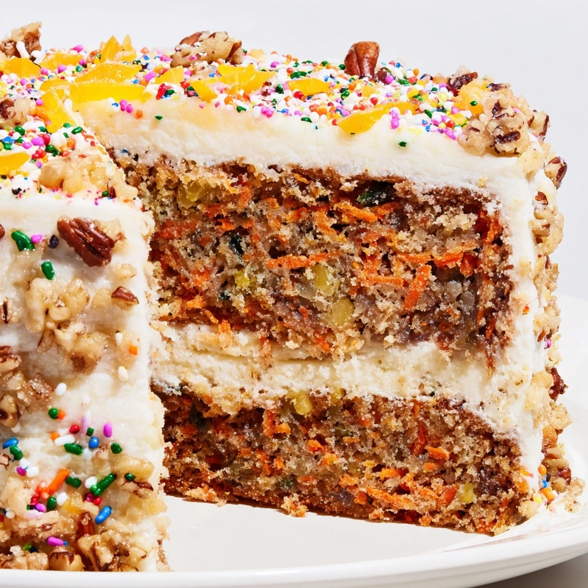 Close-up of a slice of Silly Carrot Cake, frosted high with fluffy, chaotic cream cheese.