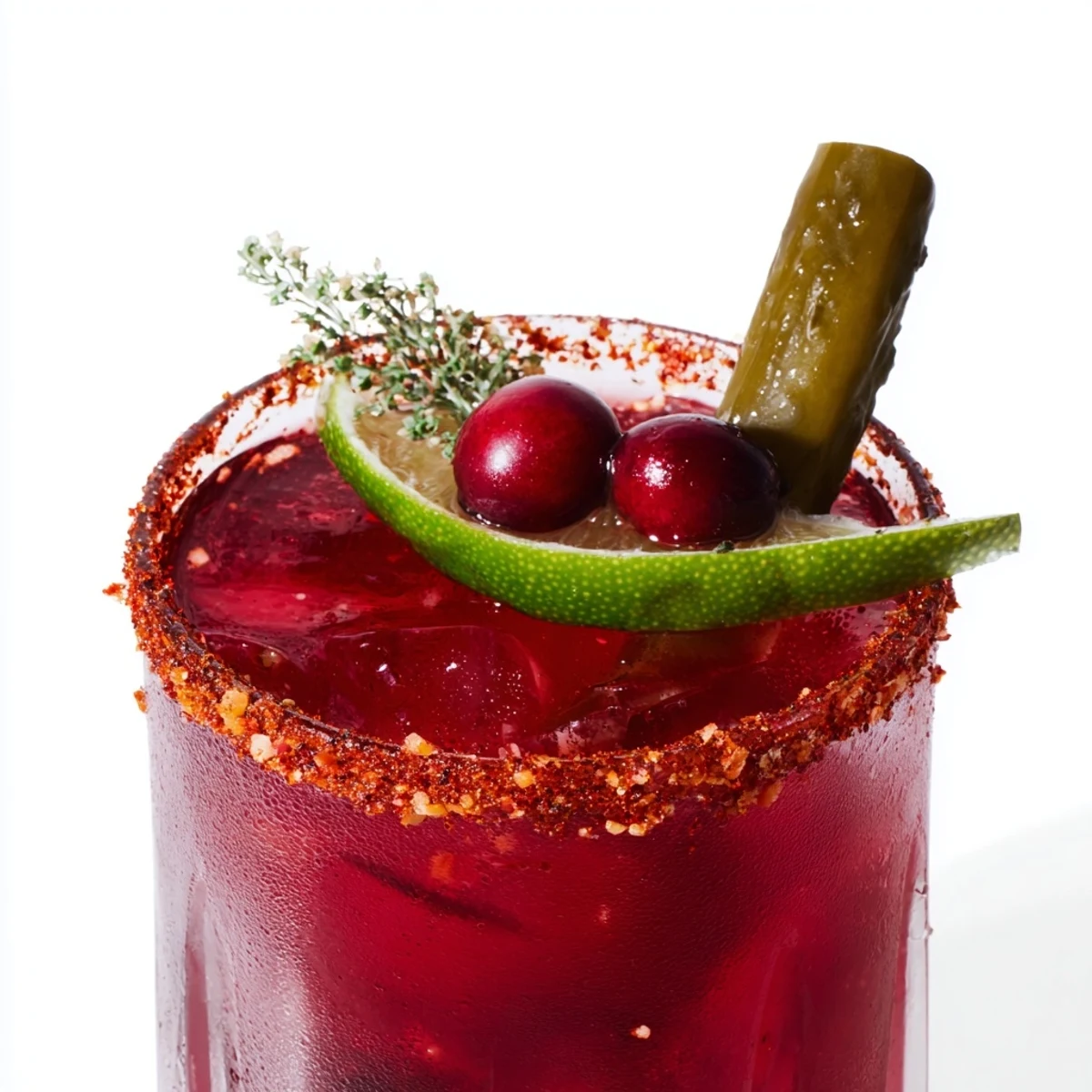 A colorful DIY Cranberry-Pickle Margarita, garnished with lime and pickle spear, ready to sip.