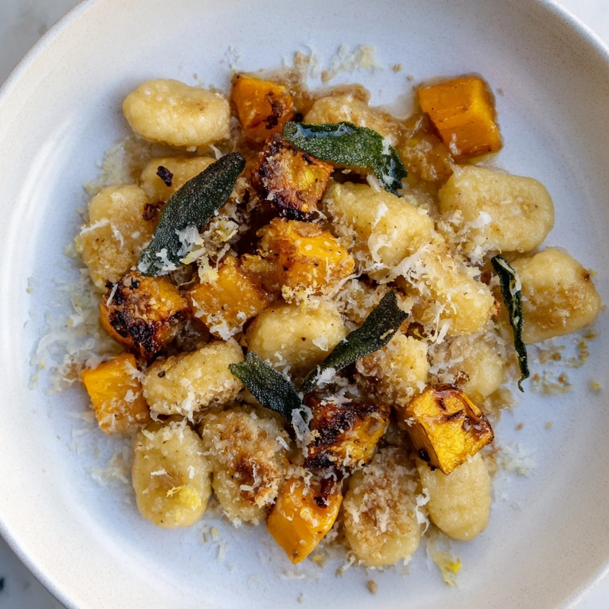 Golden-brown Rustic Butternut Squash & Sage Brown Butter Gnocchi with crispy sage leaves; a tasty delight.