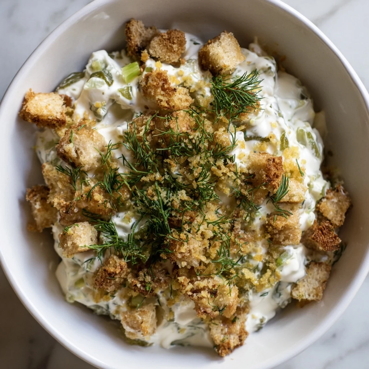 Creamy Fried Pickle Dip topped with golden panko, ready to scoop with chips at a gathering.