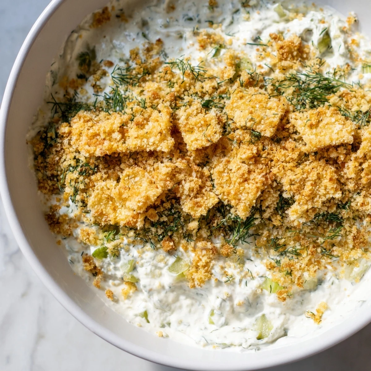 Appetizing close-up of the flavorful Fried Pickle Dip with crispy, golden panko crumbs.