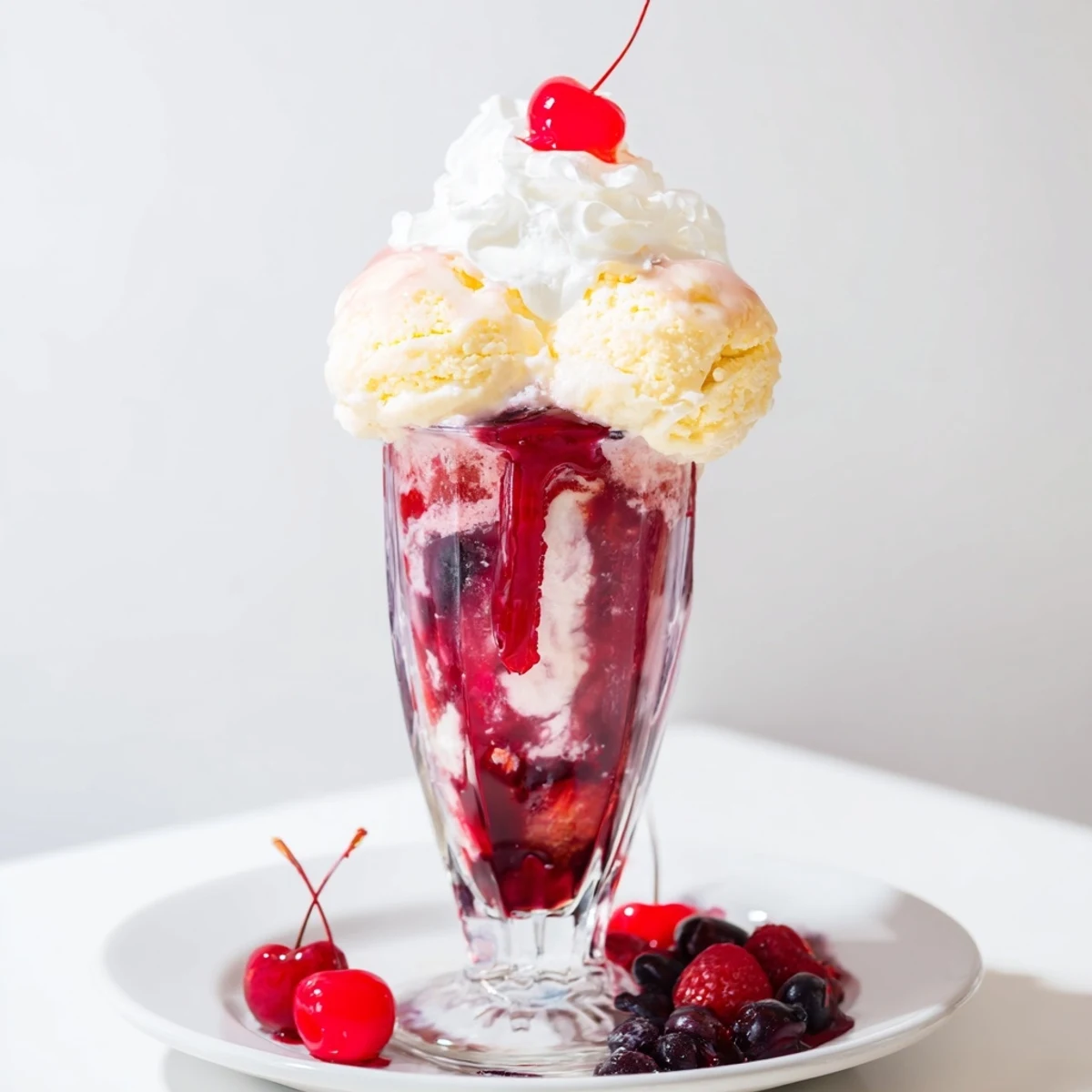 Homemade Fruit Soda Floats with vibrant cherry syrup, vanilla ice cream, and refreshing lemon-lime soda.