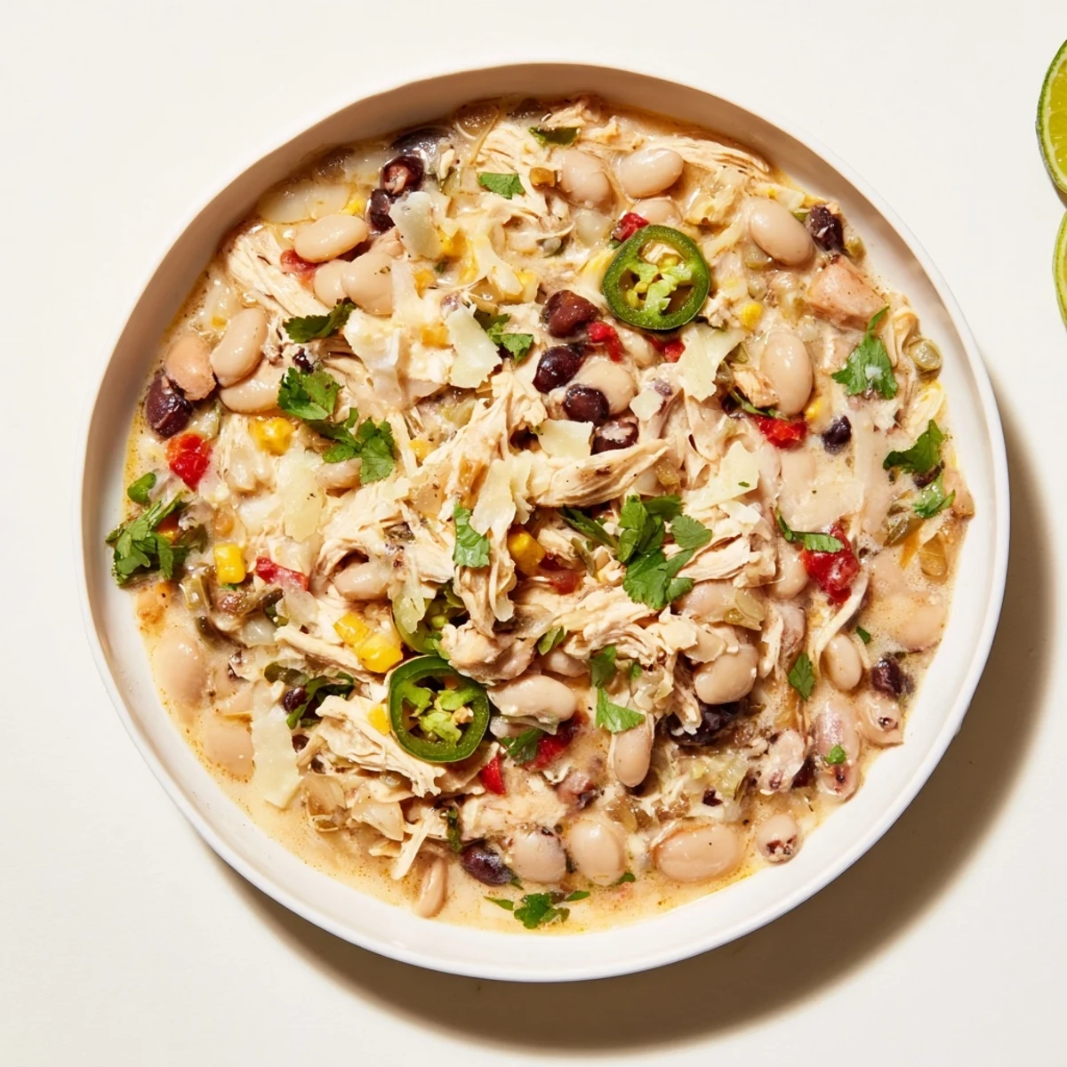 This close-up shows the rich, vibrant colors of slow cooker white chicken chili with black beans, ready to serve.