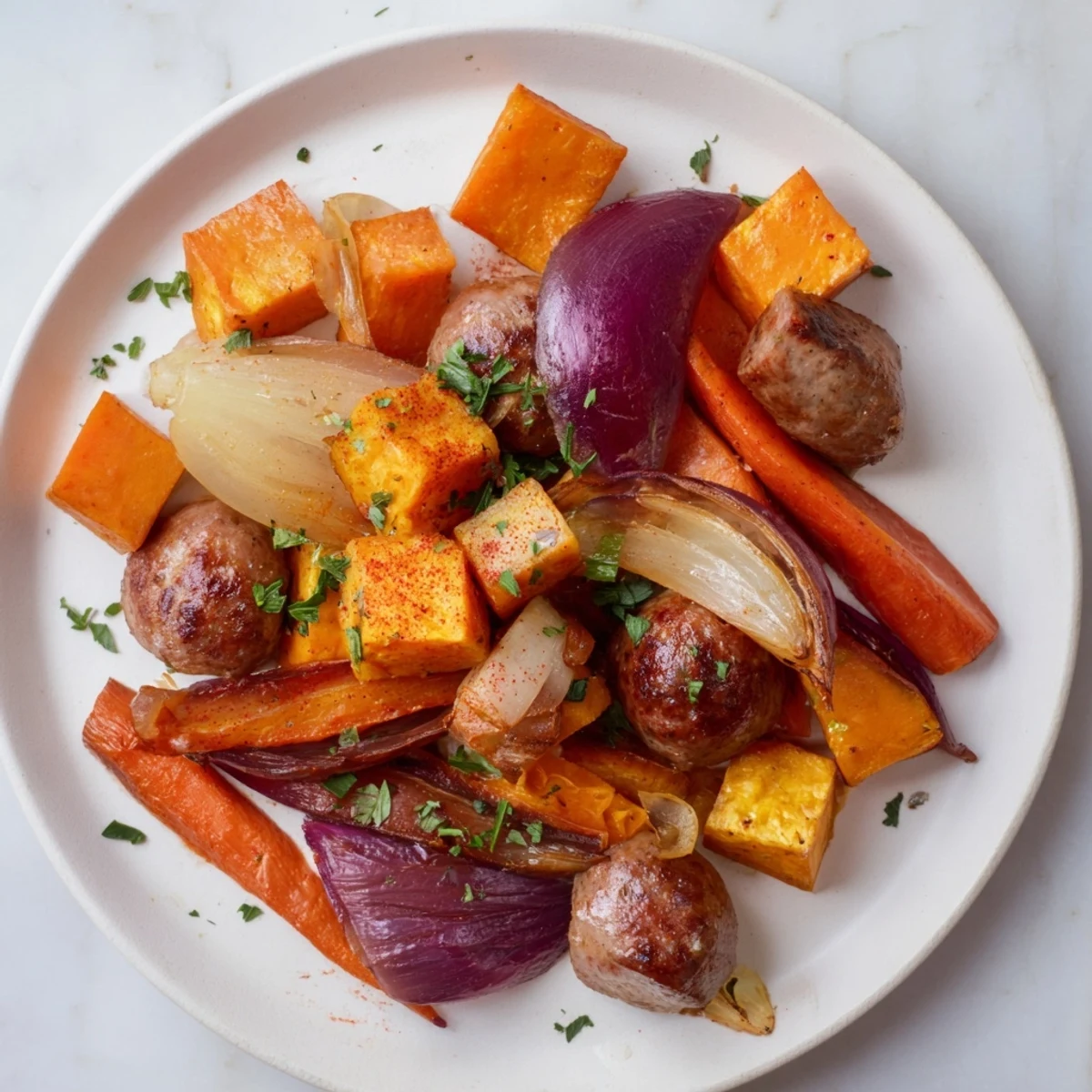 A tempting image of flavorful Sheet Pan Roasted Sausage, Squash & Root Vegetables sizzling from the oven and ready to eat.