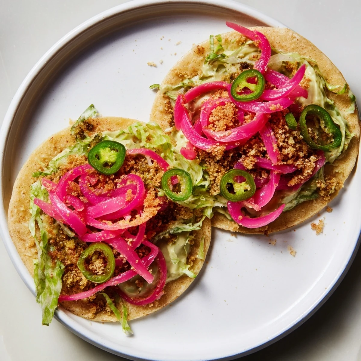 Bright, colorful 5-Minute Pickled Red Onion Tacos with a creamy avocado crema, ready to enjoy.