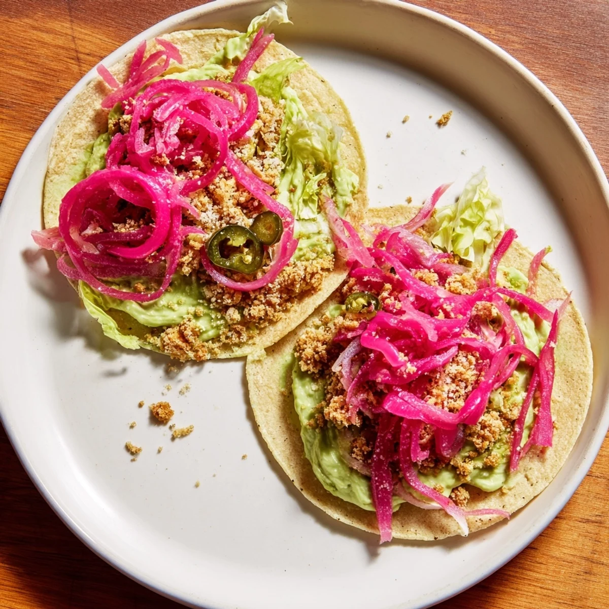 Close-up of vibrant 5-Minute Pickled Red Onion Tacos, topped with crunchy crema and cilantro.