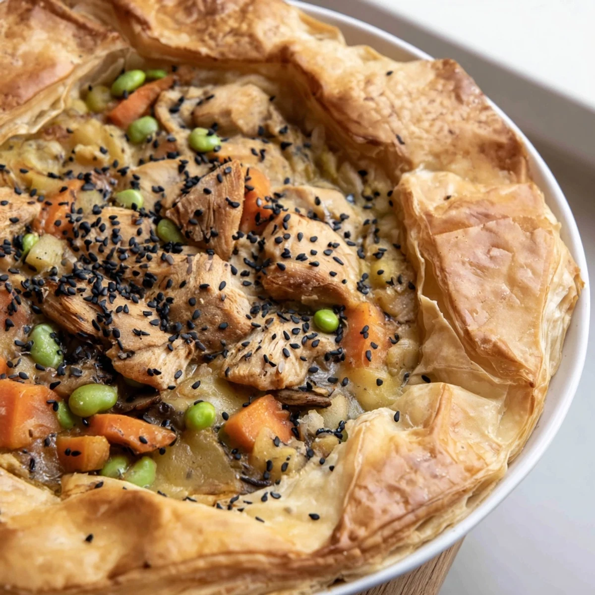 Flaky crust topping a bubbling Japanese-Inspired Chicken Pot Pie, filled with savory chicken and miso gravy.