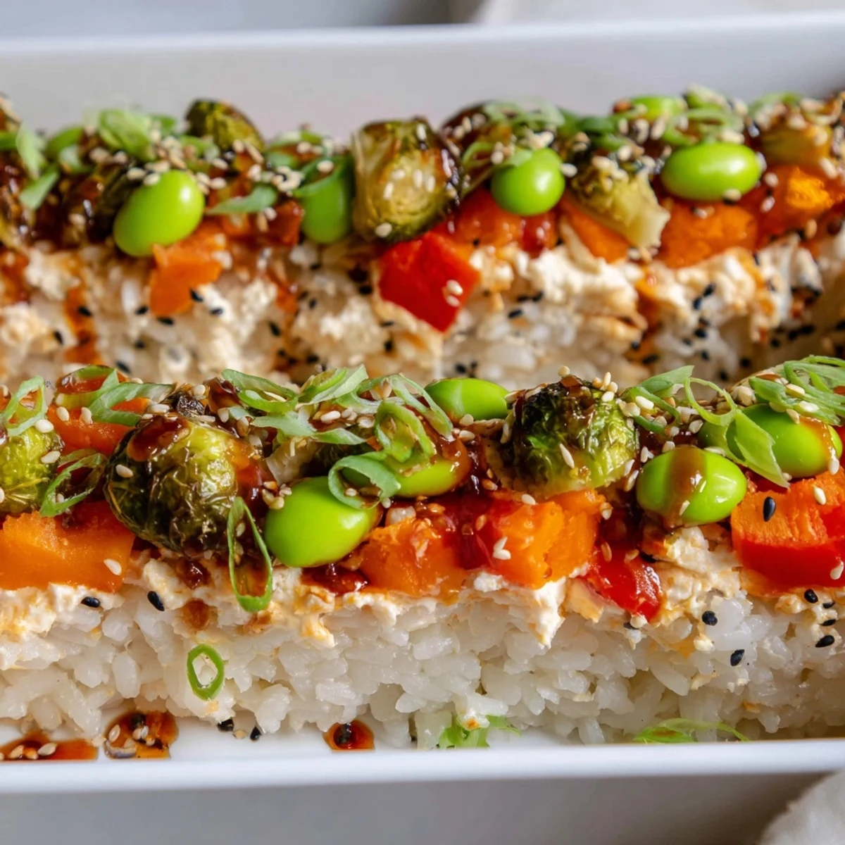 Festive holiday presentation of the viral sushi bake, a fun sharing dish with roasted vegetables.