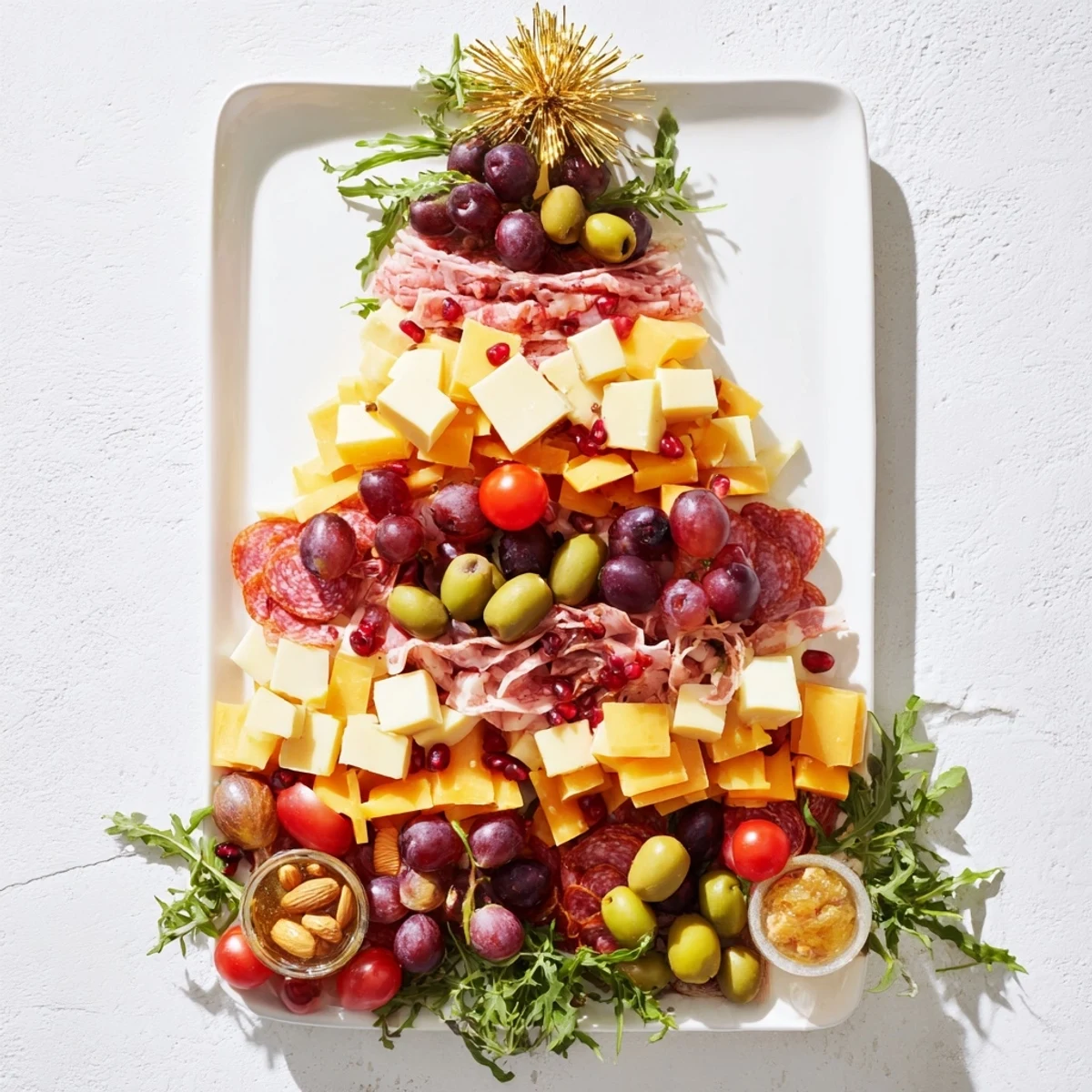 Festive Charcuterie Tree overflowing with global cheeses, cured meats, and fresh fruits for sharing.