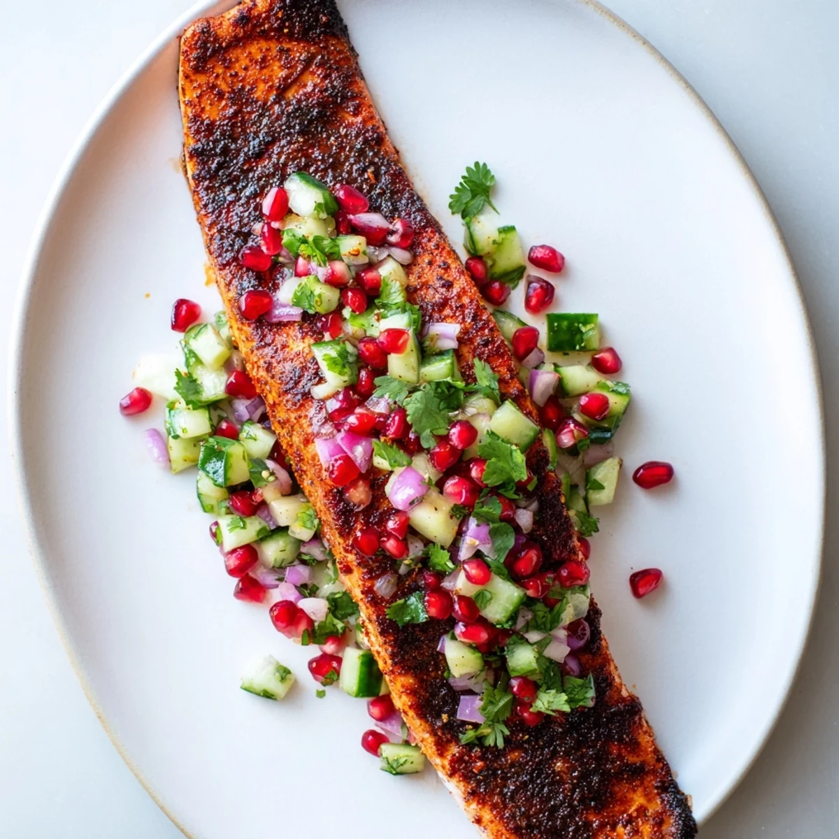 Cajun Spiced Salmon glistening on a plate, topped with colorful, vibrant pomegranate salsa.