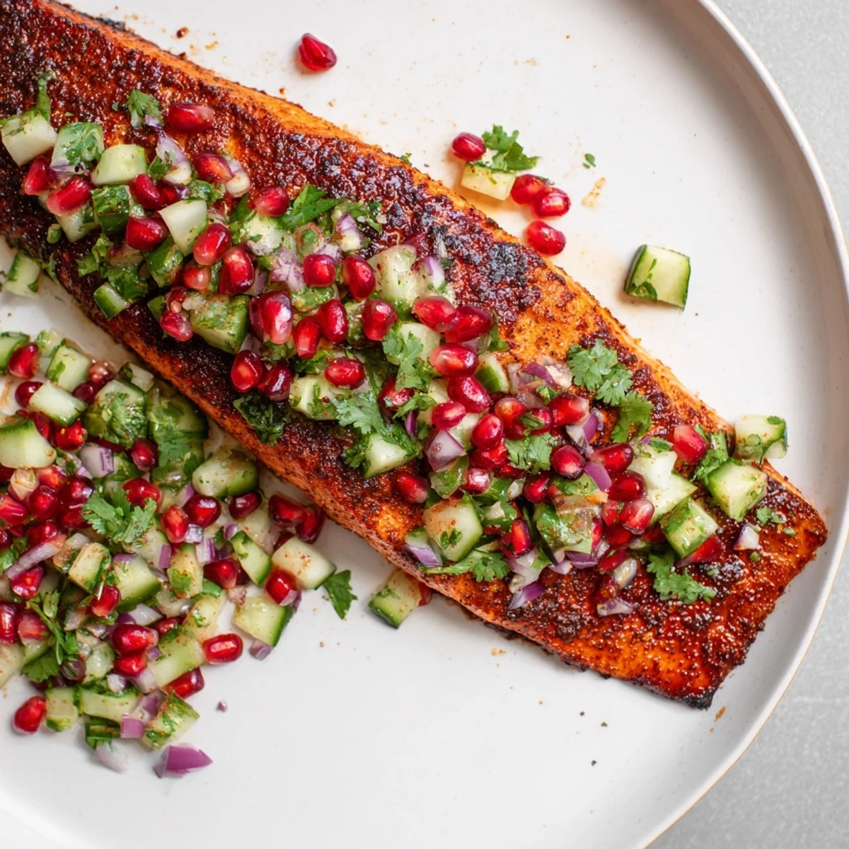Perfectly cooked Cajun Spiced Salmon, flaky and seasoned, served with a zesty, fresh pomegranate salsa.