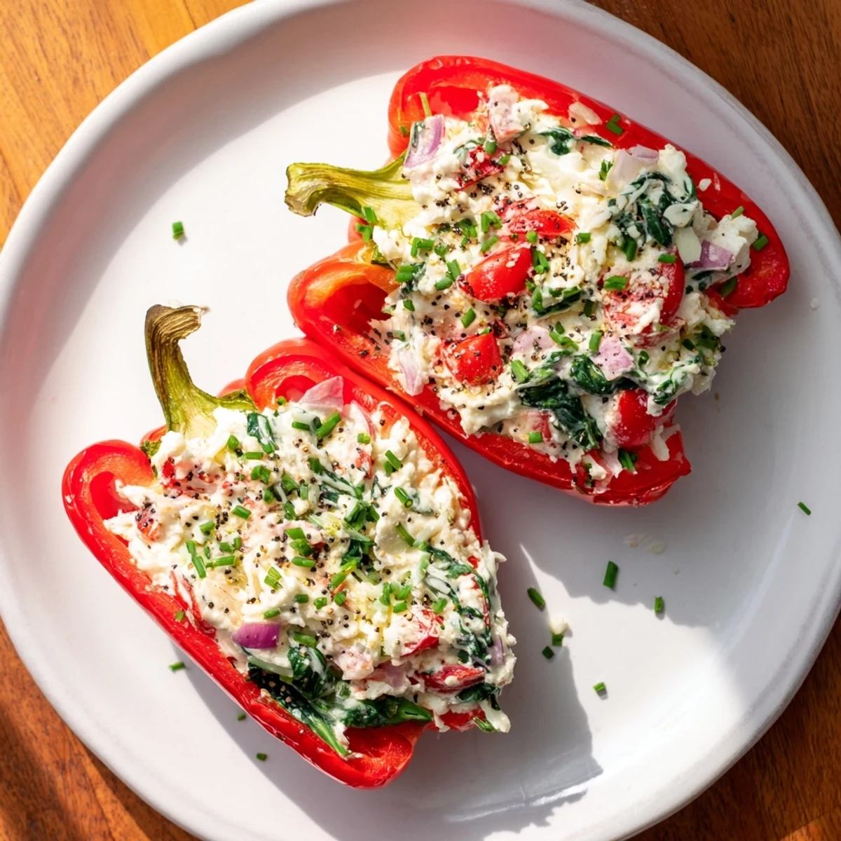 These flavorful Cottage Cheese Stuffed Bell Peppers, bursting with herbs and savory seasoning, are ready to enjoy.